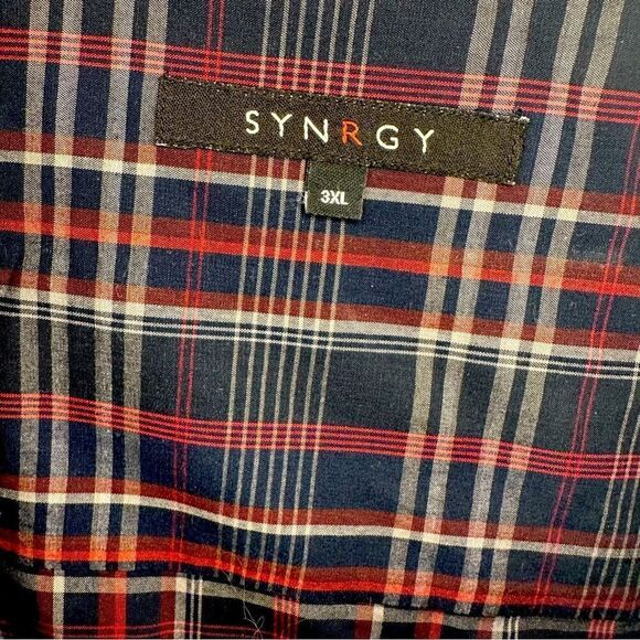 SYNRGY Long Sleeve Button Front Navy Blue and Red Plaid Shirt - Picture 4 of 5